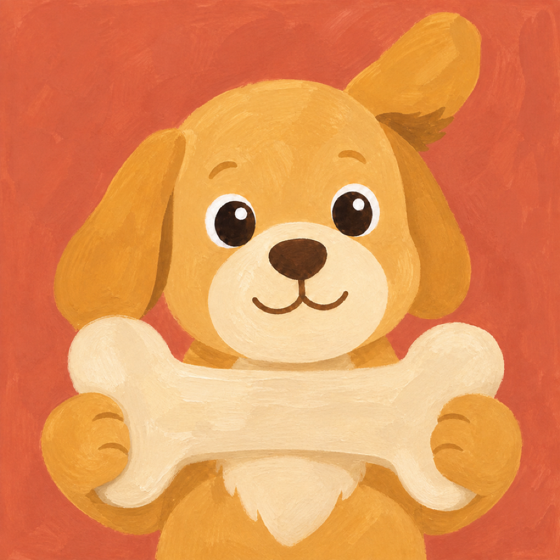 A painted golden puppy sitting upright, holding a biscuit-shaped bone.