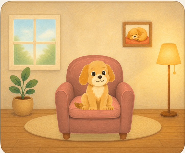 A painted reading room: a golden puppy sits in a small pink armchair on a round rug, with a window, a potted plant, a floor lamp, and a framed picture of a sleeping puppy on the wall.