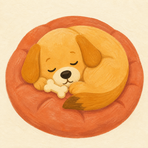 A painted golden puppy curled asleep on a round orange cushion, holding a small bone.